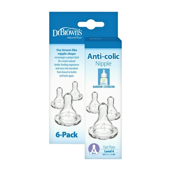 Dr. Brown's Natural Flow Level 4, Narrow Baby Bottle Nipple, Fast Flow, 9m+, 100% Silicone, 6 Pack