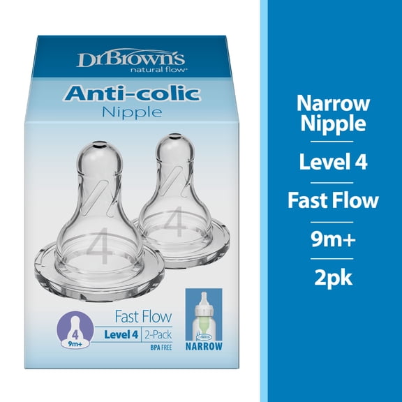 Dr. Brown's Natural Flow Level 4 Narrow Baby Bottle Silicone Nipple, Fast Flow, 9m+, 100% Silicone Bottle Nipple, 2 Pack