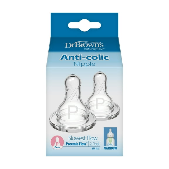 Dr. Brown's Natural Flow Preemie Flow Narrow Baby Bottle Silicone Nipple, Slowest Flow, 0m+, 100% Silicone Bottle Nipple, 2-Pack