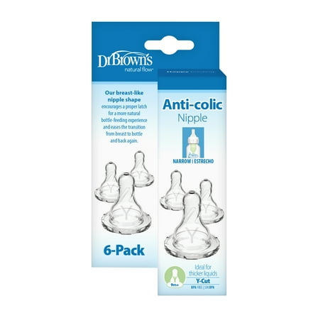Dr. Brown's Natural Flow Y-Cut, Narrow Baby Bottle Nipple, Ideal for Thicker Liquids, 9m+, 100% Silicone, 6 Pack