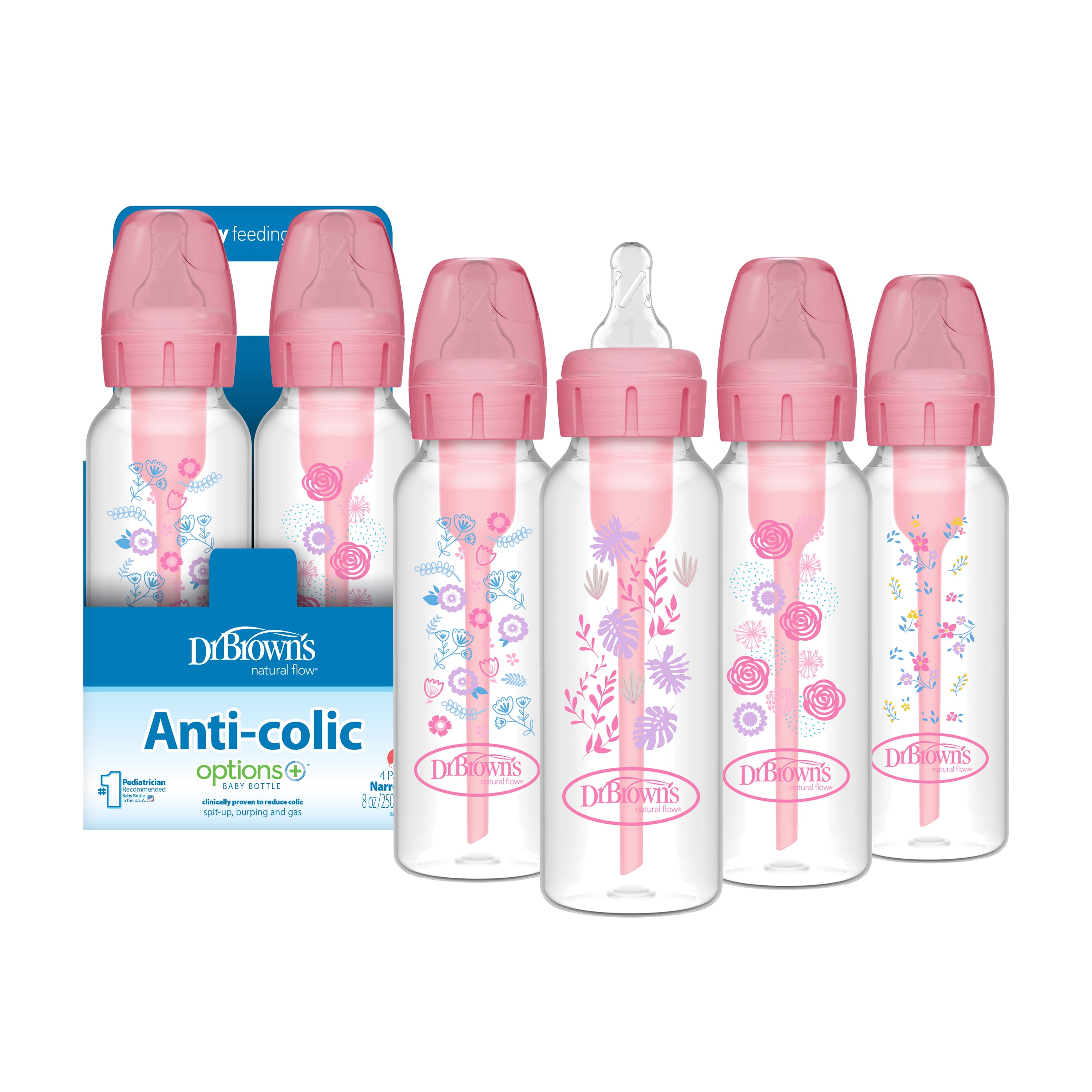 Dr. Brown's Natural Flow Anti-Colic Options+ Narrow Baby Bottle, Pink Floral, 8oz, 0m+, 4 Pack
