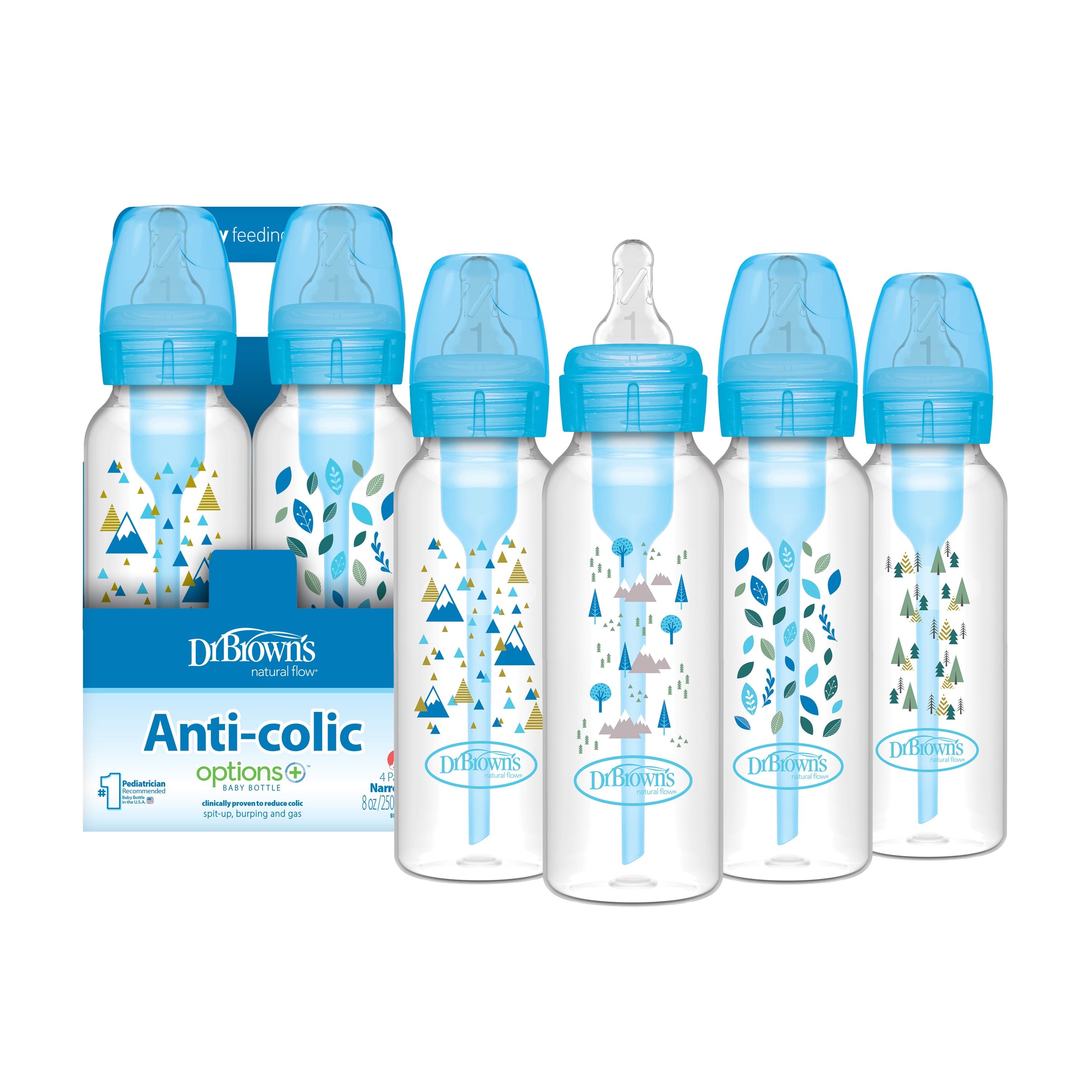 Dr. Brown's Natural Flow Anti-Colic Options+ Narrow Baby Bottle, Blue Nature, 8oz, 0m+, 4 Pack