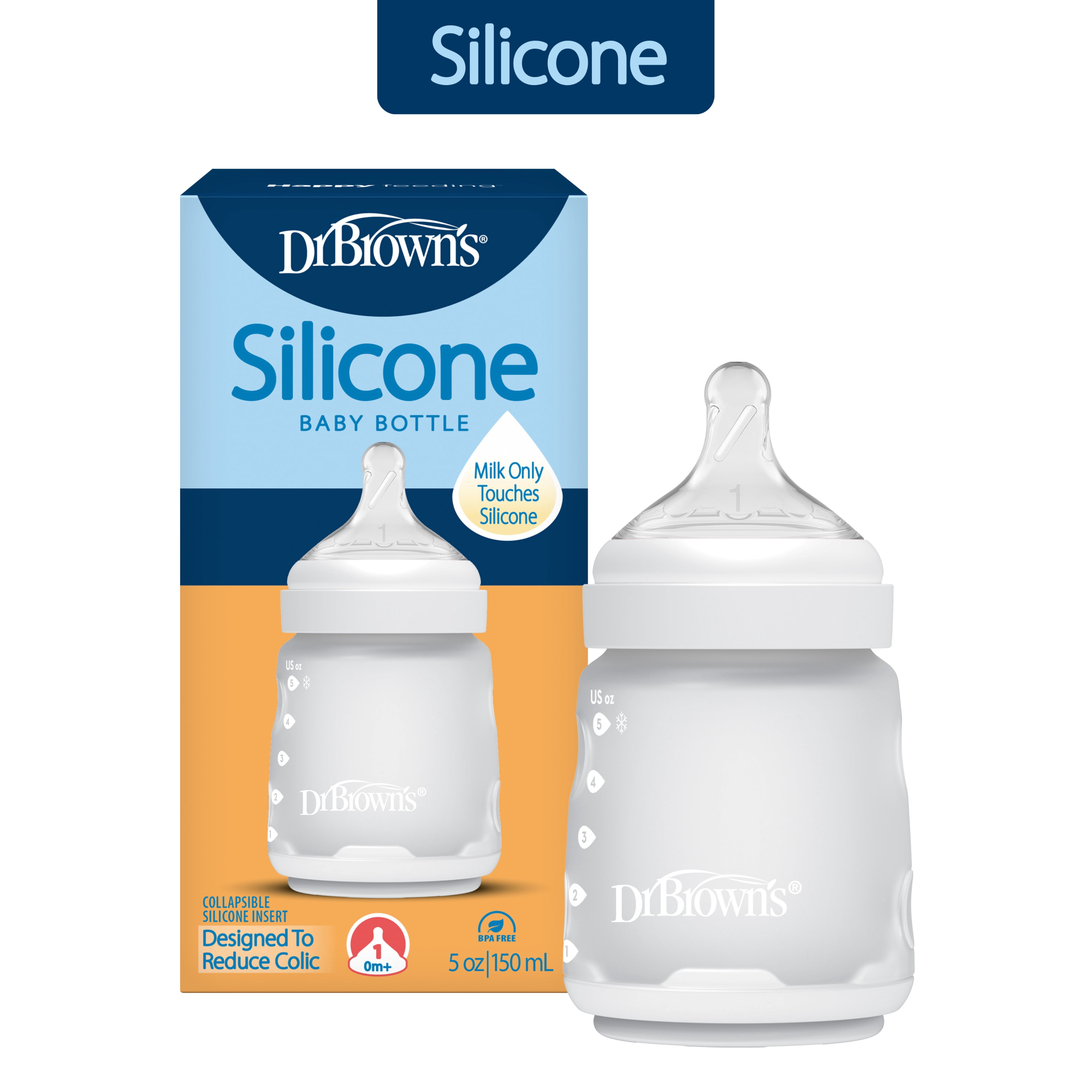 Dr. Brown's Silicone Baby Bottle with Collapsible Insert Designed to Reduce Colic, 5 oz with Wide-Neck Level 1 Slow Flow Nipple, BPA-Free, 0m+, White/Ecru
