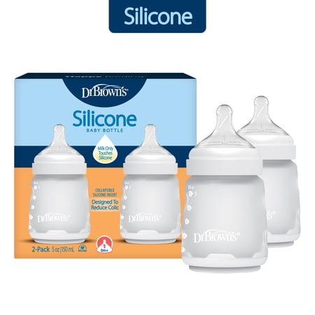 Dr. Brown's Silicone Baby Bottle, Designed to Reduce Colic, 5 oz, Level 1 Slow Flow, White, 2-Pack
