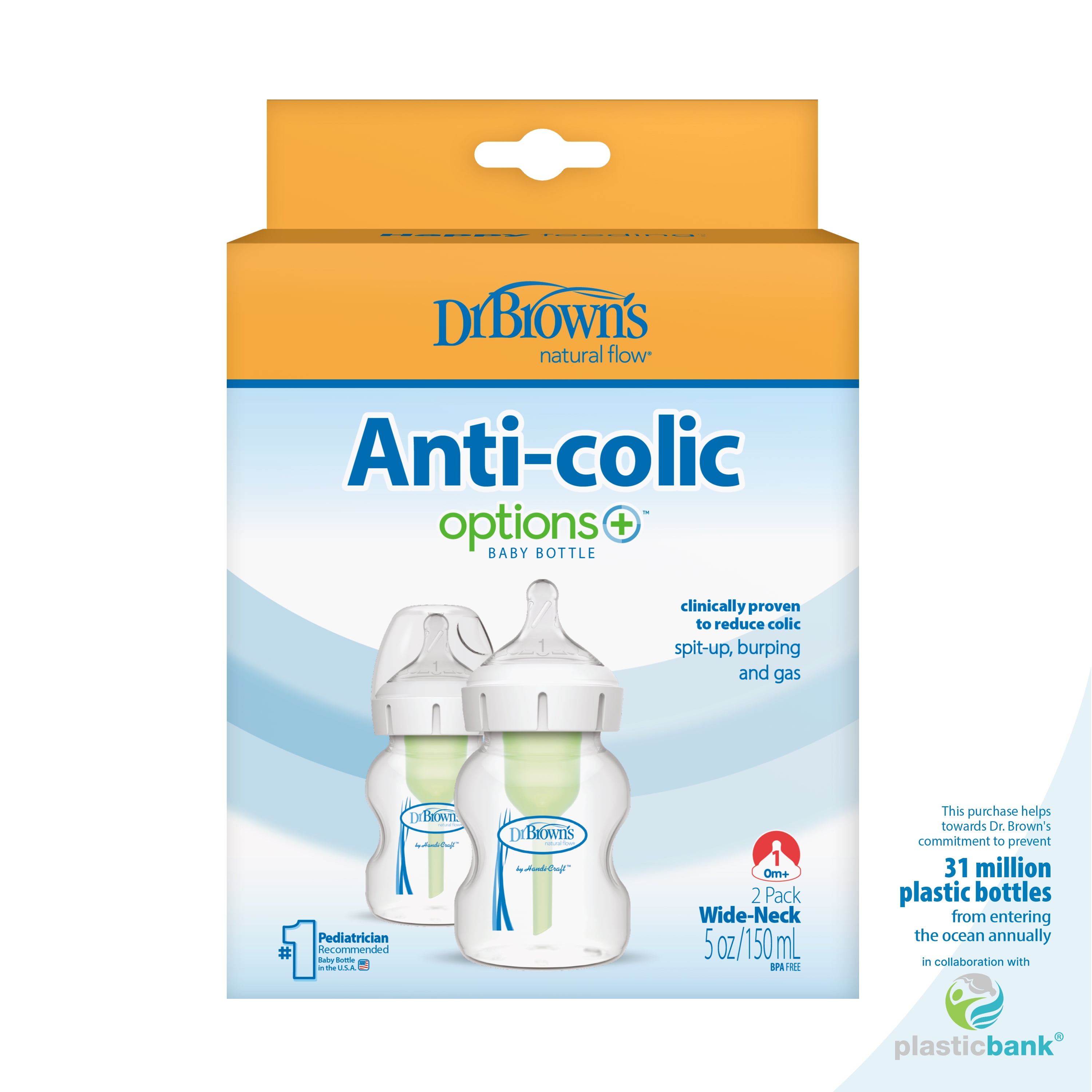 Dr. Brown's Anti-Colic Options + Wide-Neck Baby Bottle, 5 oz/150 ml, Level 1 Nipple, 0m +, 2-Pack
