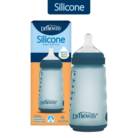Dr. Brown's Silicone Baby Bottle with Collapsible Insert Designed to Reduce Colic, 9 oz with Wide-Neck Level 2 Medium Flow Nipple, BPA-Free, 3m+, Blue, 1-Pack