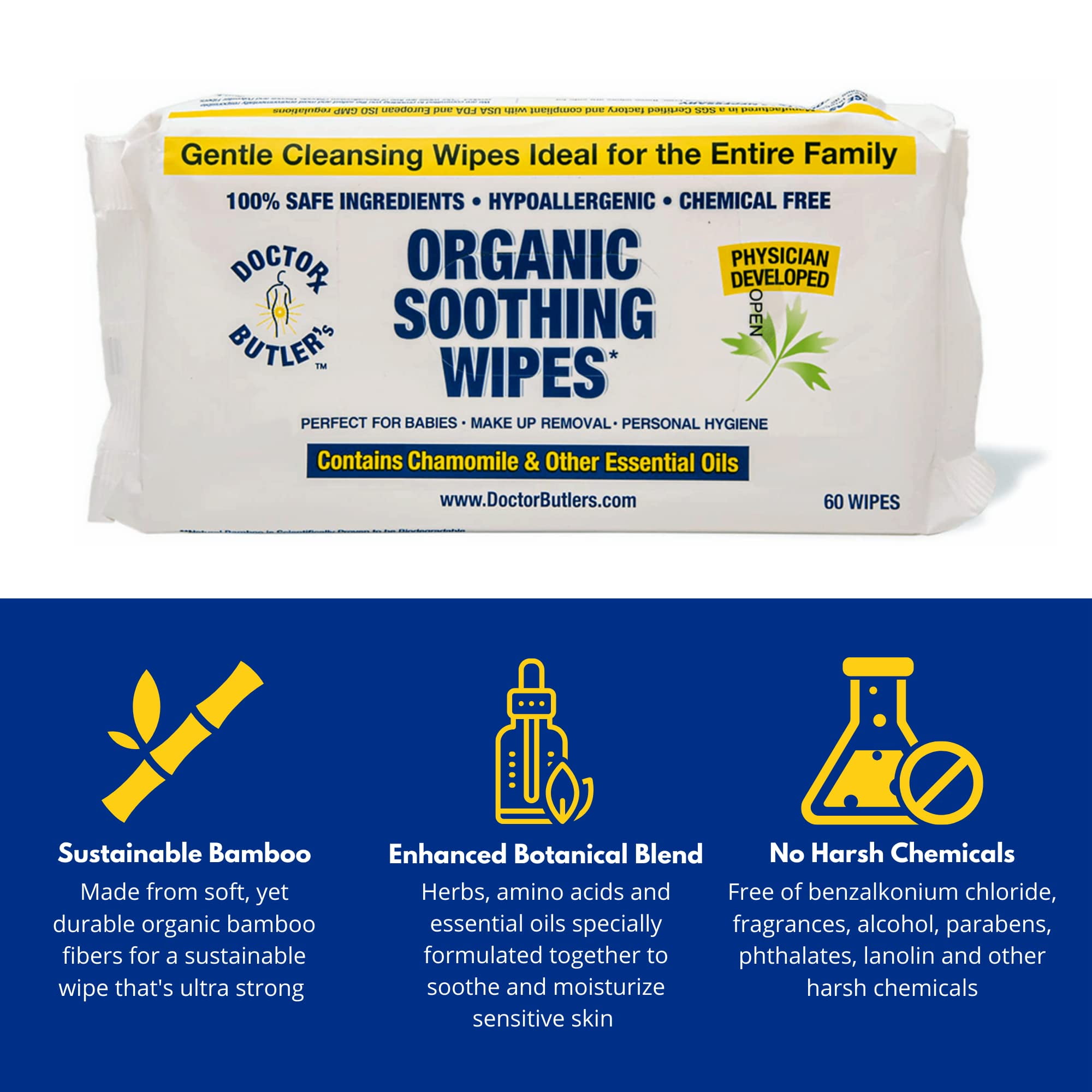 Dr Butleras Organic Soothing Wipes a All Natural, Hypo-Allergenic Wipes Safe to use during Hemorrhoid Treatment to Help Moisturize and Soothe Dry Sensitive Skin with Chamomile and Essential Oils* (1 P