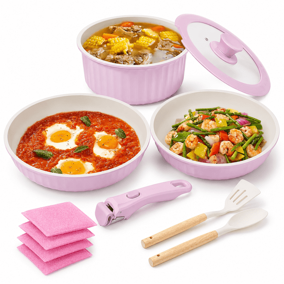 Dr.Camp 11-Piece Nonstick Pots and Pans Set with Detachable Handle, Stackable Induction Cookware Set, Oven Safe, Pink