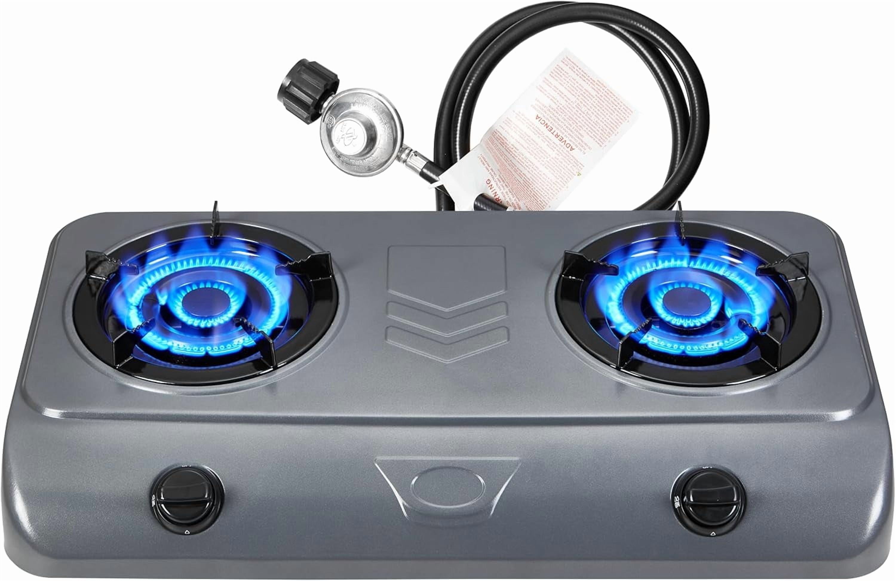 Dr.Camp 35000 BTU Super Power Auto Ignition Camping Hiking Garden Hiking Garden Yard Outdoor Propane Double Burner Stove Cooker Grill, Included CSA Listed Regulator and Gas Hose