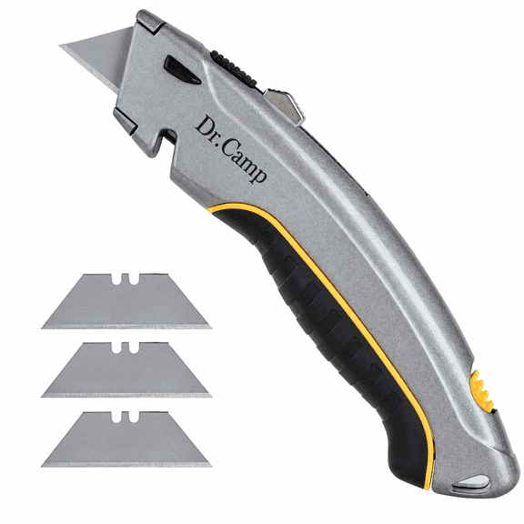 Dr.Camp Heavy Duty Utility Knife, Zinc Alloy Retractable Box Cutter with SK2 Blades, TPR Grip, Blade Storage, Wire Cut Slot for Cardboard, Carpet