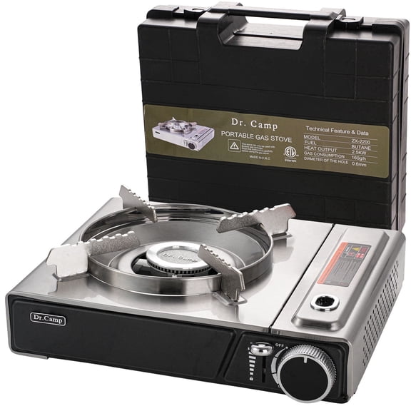 Dr.Camp Portable Butane Gas Stove, 7,500 BTU Quick-Ignition Camping Stove with Carry Case, High-Power Outdoor Burner for BBQ, Hiking, Travel & Emergency Cooking, Estufa de Gas Portátil
