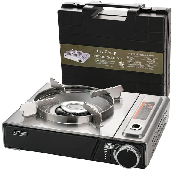 Dr.Camp Portable Butane Gas Stove, 7,500 BTU Quick-Ignition Camping Stove with Carry Case, High-Power Outdoor Burner for BBQ, Hiking, Travel & Emergency Cooking, Estufa de Gas Porttil