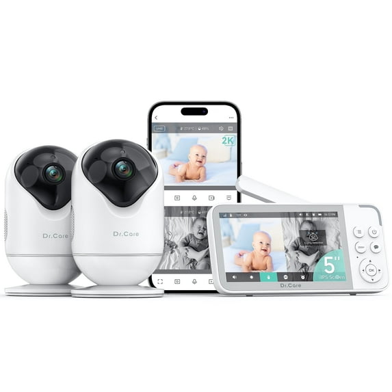 Dr.Care 5" Smart WiFi Baby Monitor with Dual 2K Camera, Split Screen, APP Control, Cry & Motion Detection, Pan-Tilt-Zoom, Temp, Night Vision