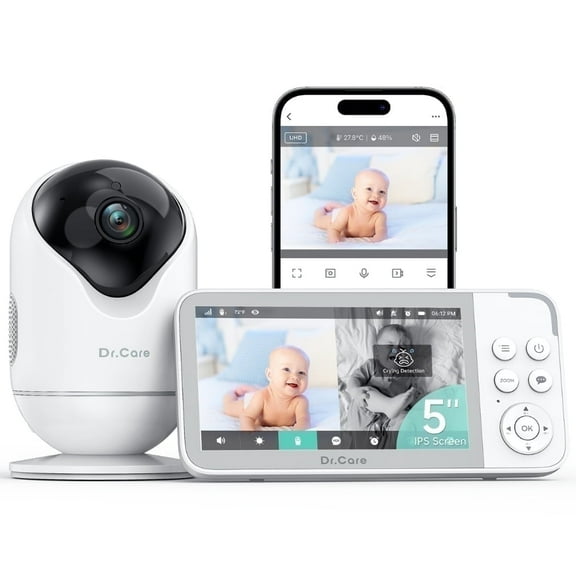 Dr.Care 5" Smart WiFi Baby Monitor with 2K HD Security Camera,APP Control, Cry & Motion Detection,Pan-Tilt-Zoom,Temp, Nightvision, 2-Way Talk