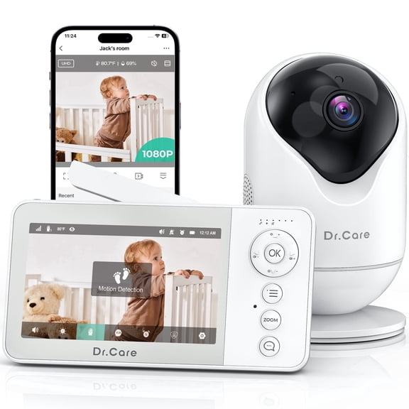 Open Box Dr.Care VistaView Lite RB WiFi Baby Monitor 4" Split Screen, 1080P Camera, App Control, Motion Alerts, Removable Battery