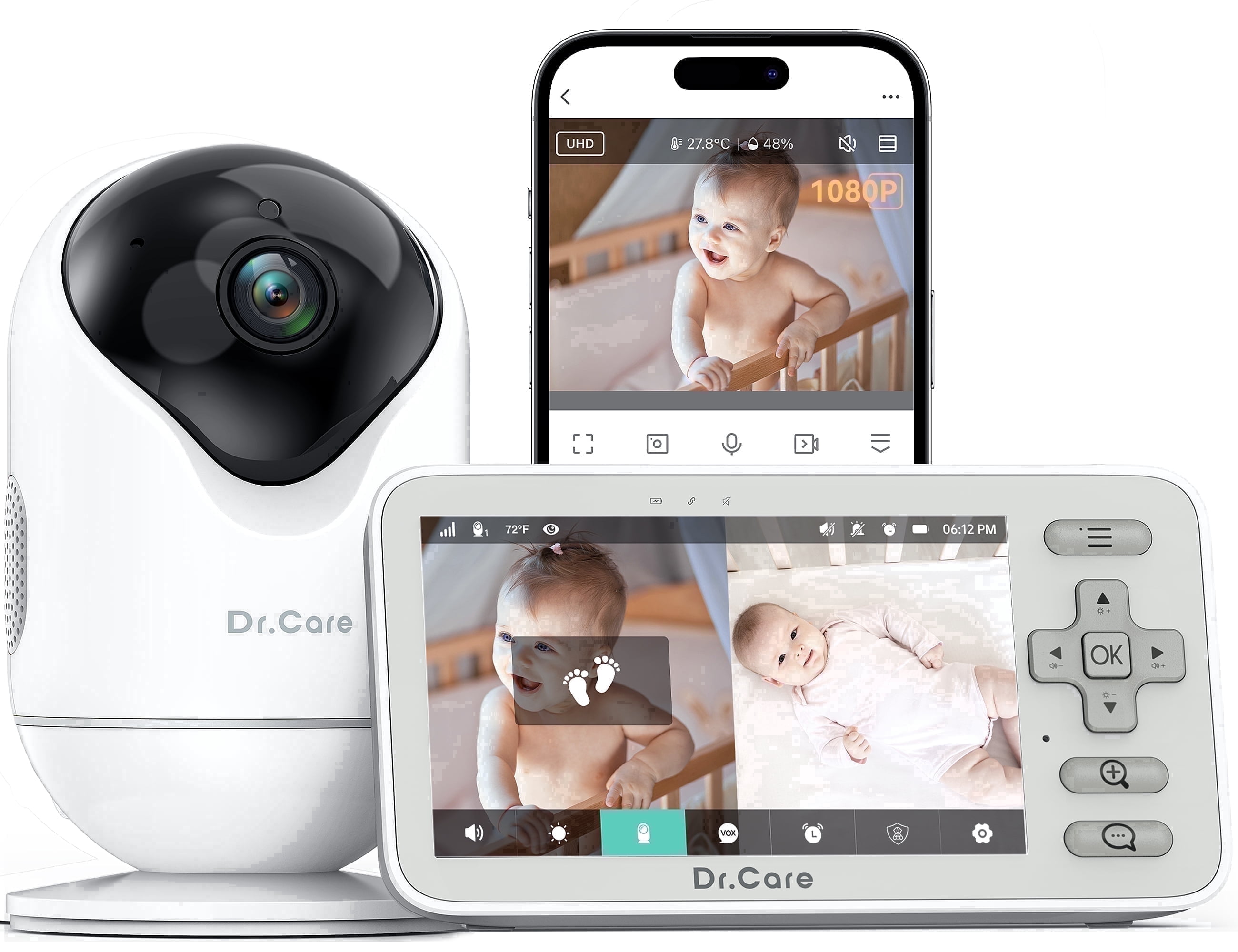 Dr.Care VistaView Lite Smart Wifi Baby Monitor – 4" 720P Split Screen, 1080P Camera, App Control, Motion Alerts