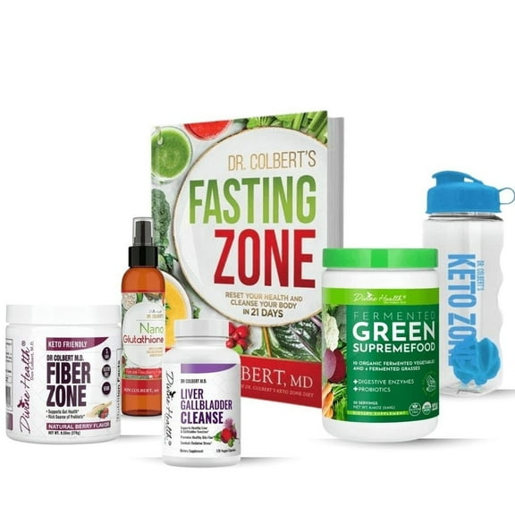 Dr. Colbert MD Detox Starter Pack | by Divine Health | Green Supremefood | Fiber Zone (Berry) | Liver Gallbladder Cleanse | Nano Glutathione Spray| Fasting Zone Book | Shaker bottle