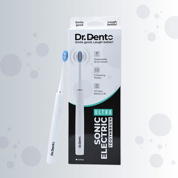 Dr.Dento Sonic Electric Toothbrush, 2 Modes, AAA Powered, 3 Brush Heads,1 Interdental Brush Head, 120 Days Battery Life | 1 Year Warranty | Electric Toothbrush For Men, Women & Kids-Frosty White