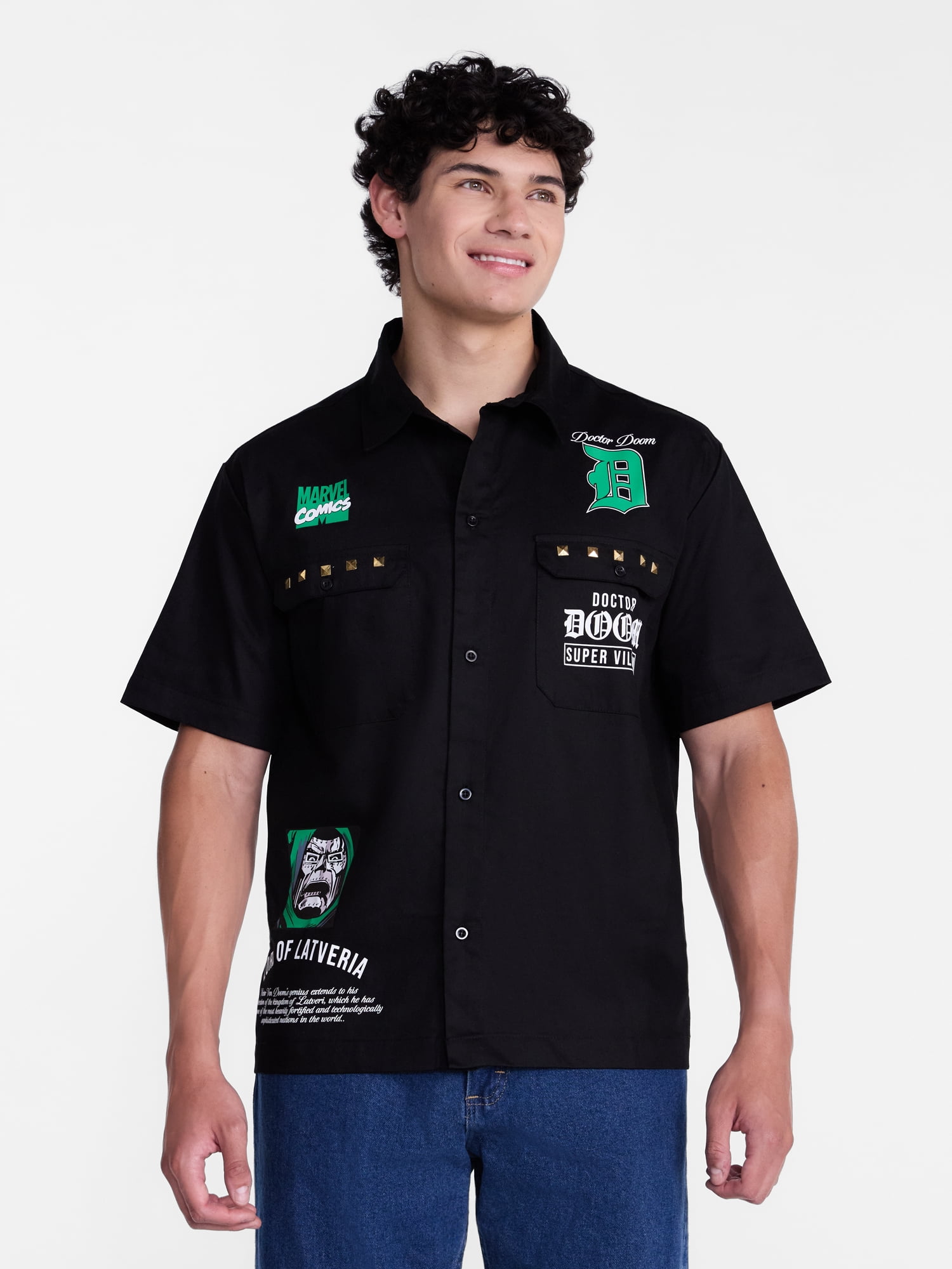 Dr. Doom Men's and Big Men's Mechanic Shirt with Short Sleeves, Stud Detail, Sizes XS-3XL