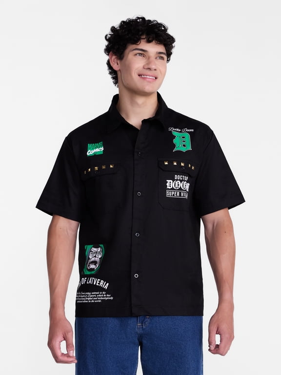 Men's and Big Men's Mechanic Shirt with Short Sleeves, Stud Detail, Sizes XS-3XL