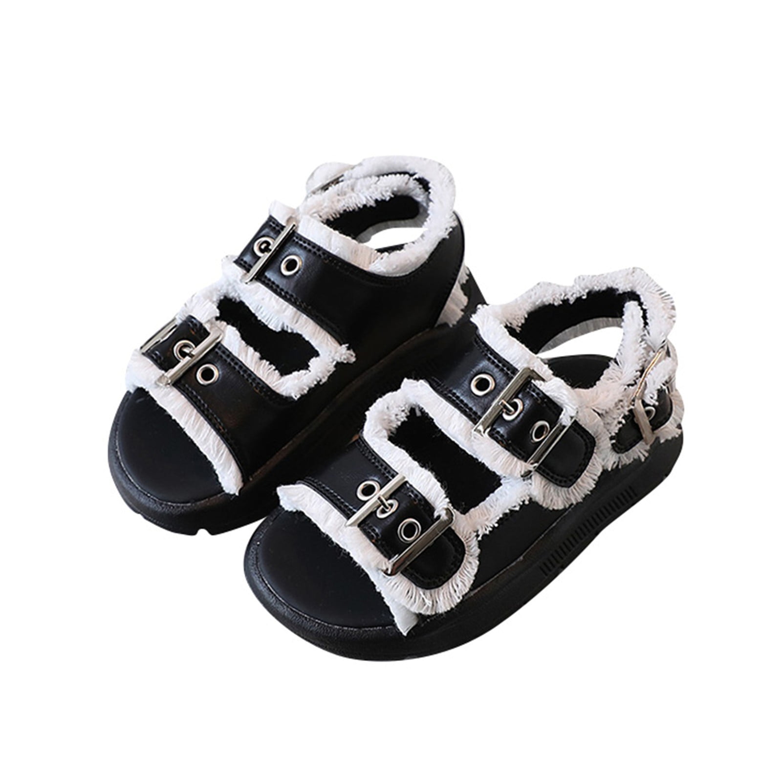 Dr.Eam Big Kids Girl Sandals Summer Pink Black Hairy Edge Adjustable