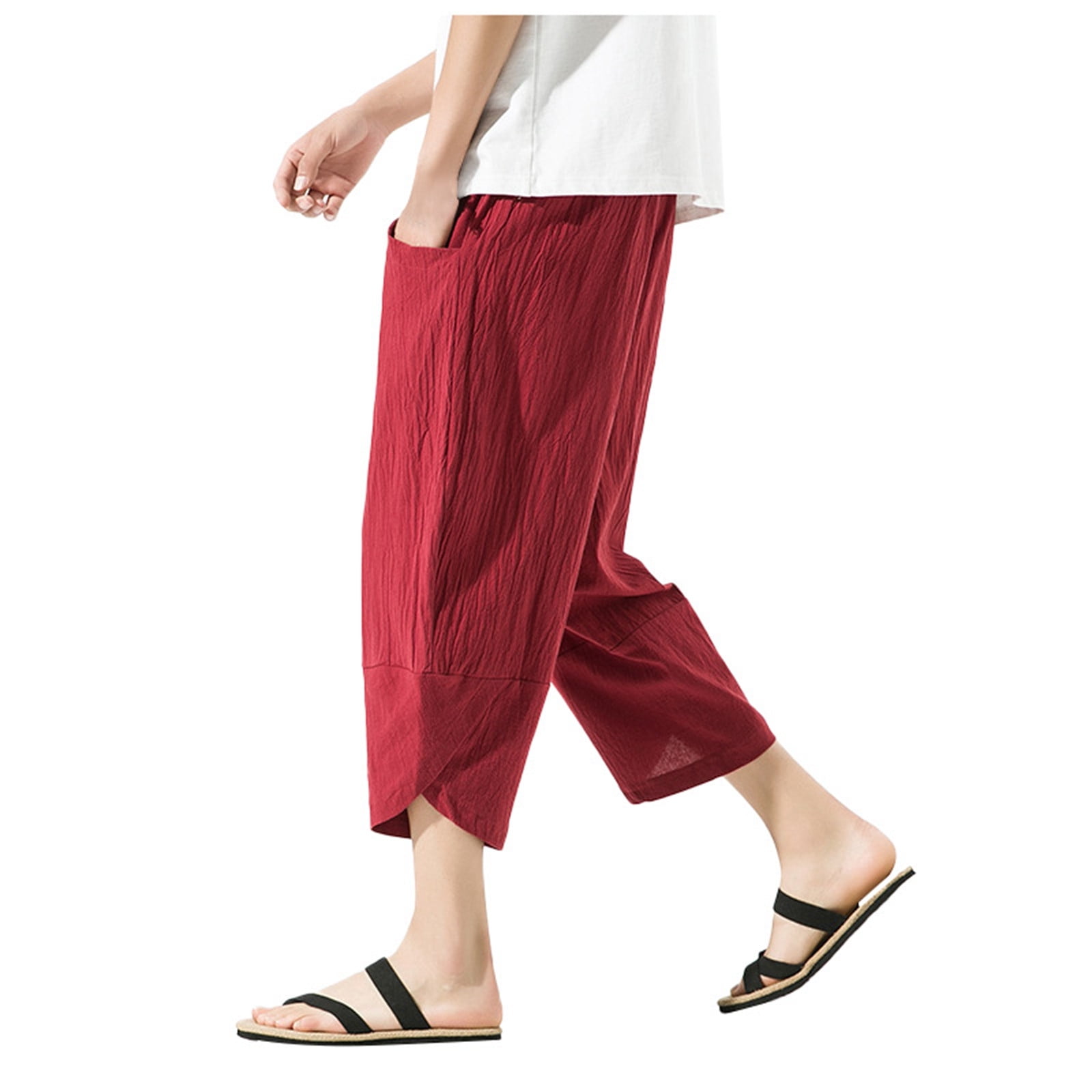 Dr.Eam Mens Solid Baggy Plus Size Pants Linen Harlan Lightweight