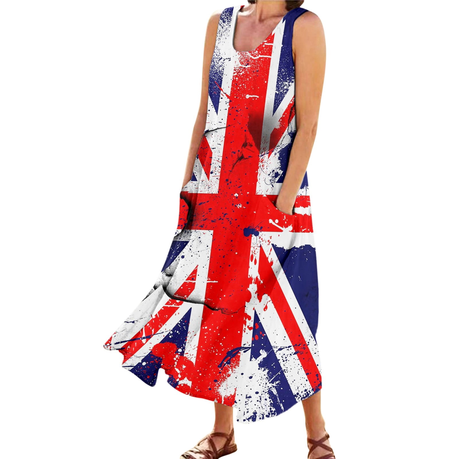 Dr.Eam Women Elegant Printed Round Neck Pets Casual Long Dress Daily