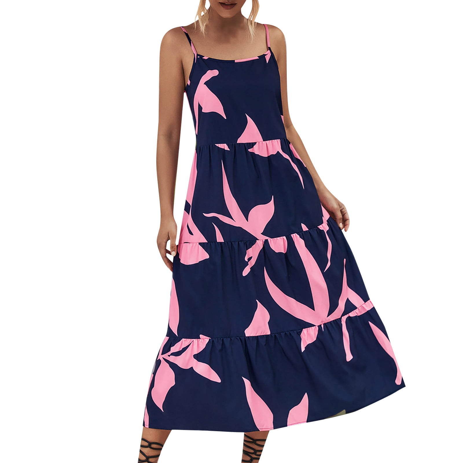 Dr.Eam Women Summer Casual Dresses Irregular Print Sling Swing Dress