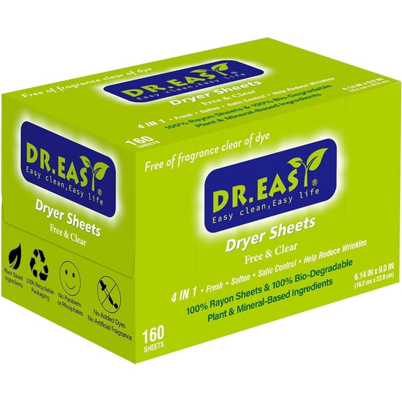 Dr.Easy Dryer Sheets Free & Clear Plant Based ingredients for Sensitive Skin 160 Ct 100% Rayon Fabric Softener sheet unscented & no dyes Reduce Static & Wrinkles Soften Clothes Help Repel Pet Hair