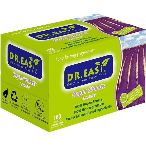 Dr.Easy Dryer Sheets Lavender Plant Based all ingredients for Sensitive Skin 160 Ct 100% Rayon Fabric Softener sheet for laundry No Dyes Reduce Static & Wrinkles Soften Clothes Help Repel Pet Hair