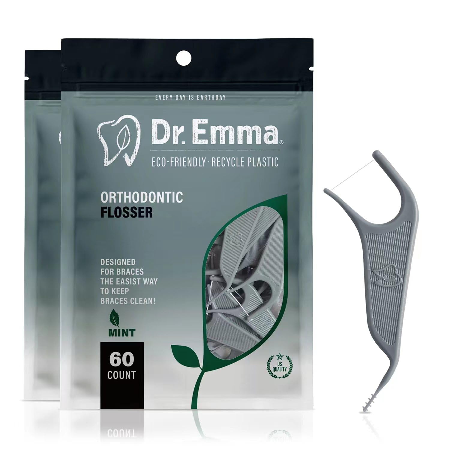 Dr. Emma Orthodontic Flossers for Braces, Ortho Dental Floss Picks, Mint Flavor 60 Count/Bag (Gray, 2pack)