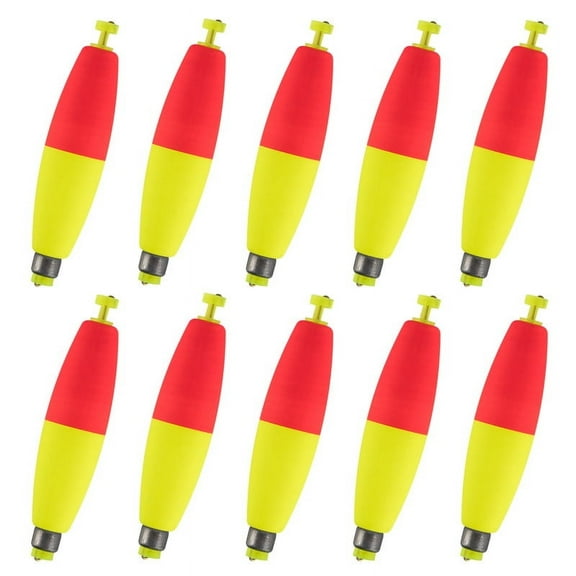 Dr.Fish 10 Pack Cigar Fishing Bobbers Weighted Bobbers Snap-On Spring Floats EVA Foam Fly Freshwater Boat Fishing for Bass Trout Panfish Bluegill 1.4" Red/Fluorescent Yellow