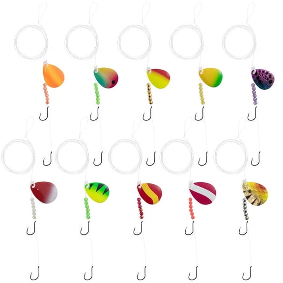 Dr.Fish 10 Pack Walleye Rigs Kit, 47 Inches, 15LB Mono Crawler Harness Spinner Rig Live Bait Rigs Colorado Spinner Blades Snelled Hooks 2 Octopus Hook Freshwater Walleye Fishing