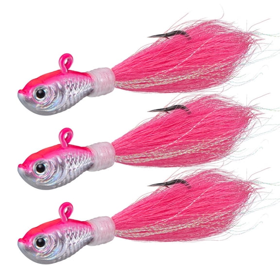 Dr.Fish 3 Pack Bucktail Fishing Lures Hair Jig Saltwater Freshwater Bass Flounder Striper Bluefish Pink 1/2oz Surf Fishing Jig Hooks