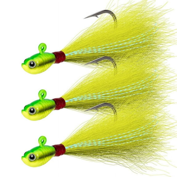 Dr.Fish 3 Pack Bucktail Jigs Fishing lure Saltwater Freshwater Bass Flounder Striper Bluefish Chartreuse 1/2oz Surf Fishing Jig Hooks