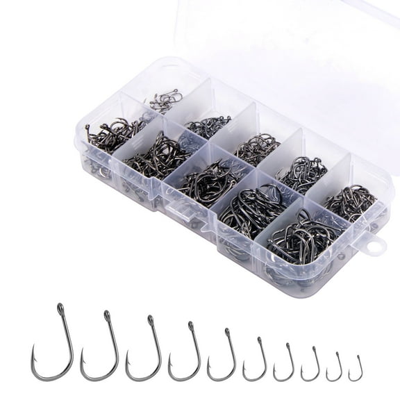 Dr.Fish 500PCS Fishing Hooks, 10 Sizes Carbon Steel Fishing Hooks with Portable Plastic Box