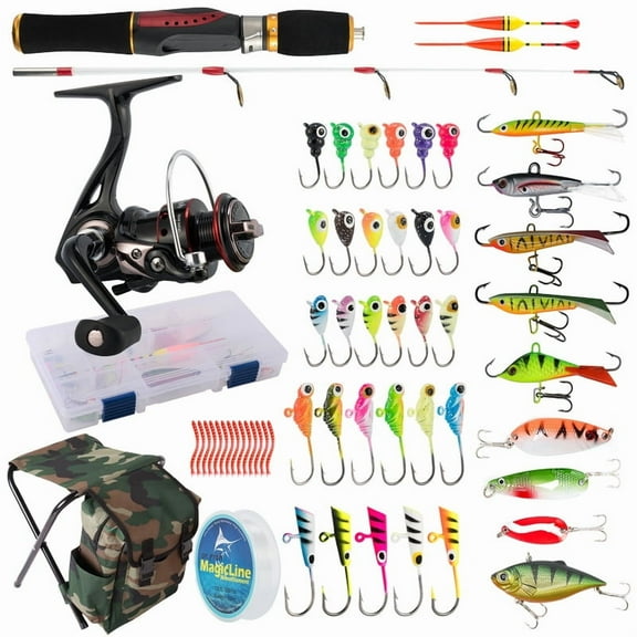 Dr.Fish Ice Fishing Rod and Reel Combo, Ice Fishing Pole Gear Spinning Reel Equipment Set Backpack Chair Jigs Lures Accessories