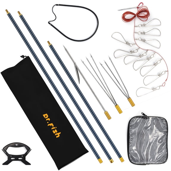 Dr.Fish Spearfishing Kit 6'5" Fiberglass 3-Piece Hawaiian Sling Pole Spear Paralyzer 3 Tips Set Stainless Steel Fishing Stringer Harpoon Travel Bag