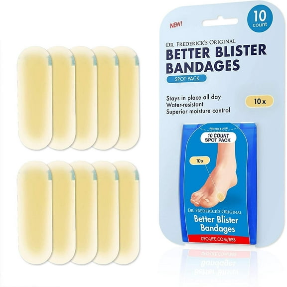 Dr. Frederick's Original Better Blister Bandages - 10 ct Spot Pack - Water Resistant Hydrocolloid Bandages for Foot Blister Prevention & Recovery - Blister Pads