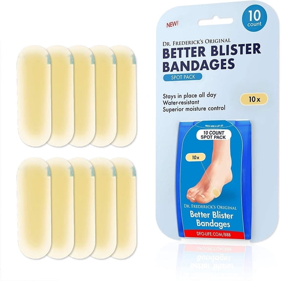 Dr. Frederick's Original Better Blister Bandages - 10 ct Spot Pack - Water Resistant Hydrocolloid Bandages for Foot Blister Prevention & Recovery - Blister Pads