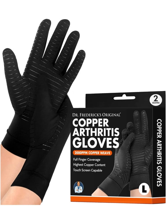 Copper Compression Gloves, Full Finger, Black, Large, 1 Pair