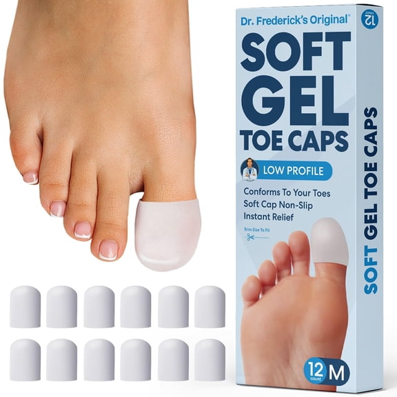 Dr. Frederick's Original Gel Toe Protectors for Men & Women - 12 ct - Toe Caps for Foot Pain Relief - Flexible Cushions for Ingrown Toenails, Corns, Calluses, Blisters, and Comfort - White - Medium