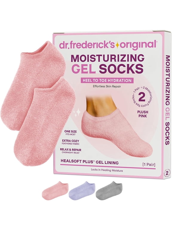 Dr. Fredericks Original Moisturizing Gel Socks for Men & Women Dry Feet & Cracked Heel Treatment Full Foot Gel Lining with Mango Butter, Shea Butter, Jojoba & Coconut Oil Plush Pink