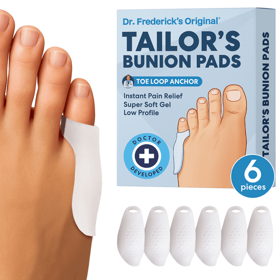 Dr. Fredericks Original Tailors Bunion Pads - 6 ct Low Profile Soft Gel Spacers for Bunionette Relief - Cushions Pinky Toe & Reduces Friction - Washable, Latex-Free, Foot Protectors