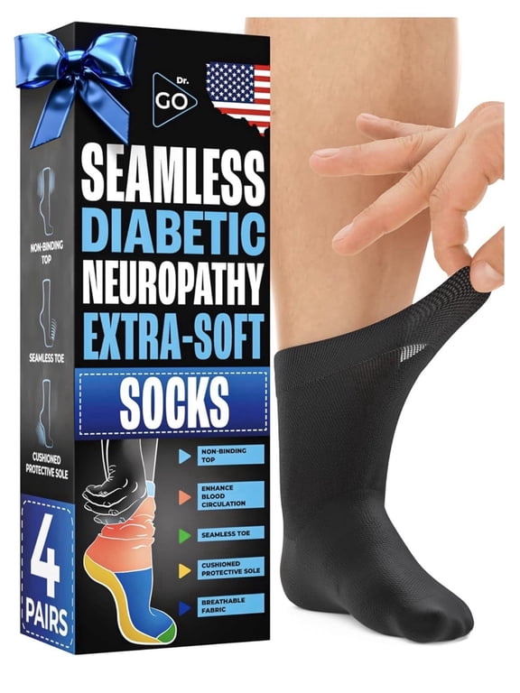 Dr. Go Neuropathy Diabetic Socks Black Crew Size Extra Soft Seamless Non Binding, 4 Pairs