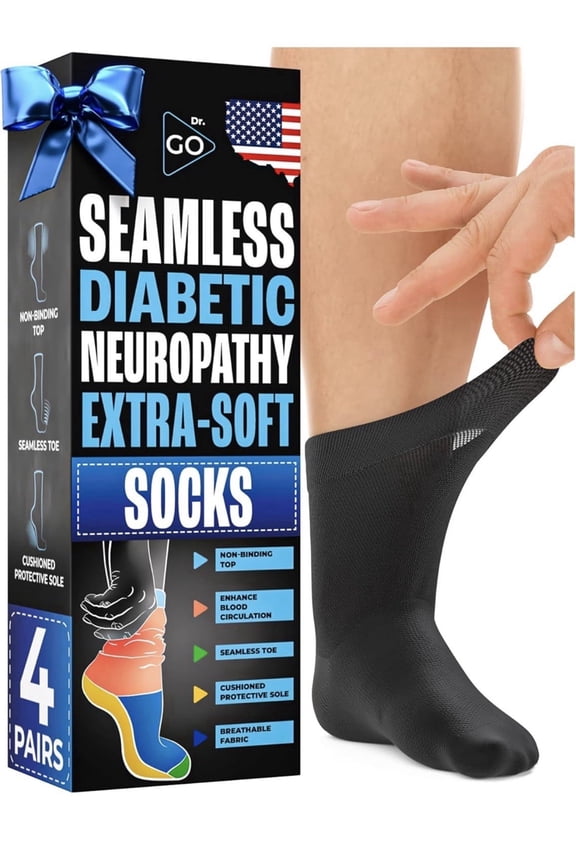 Dr. Go Neuropathy Diabetic Socks Black Crew Size Extra Soft Seamless Non Binding, 4 Pairs