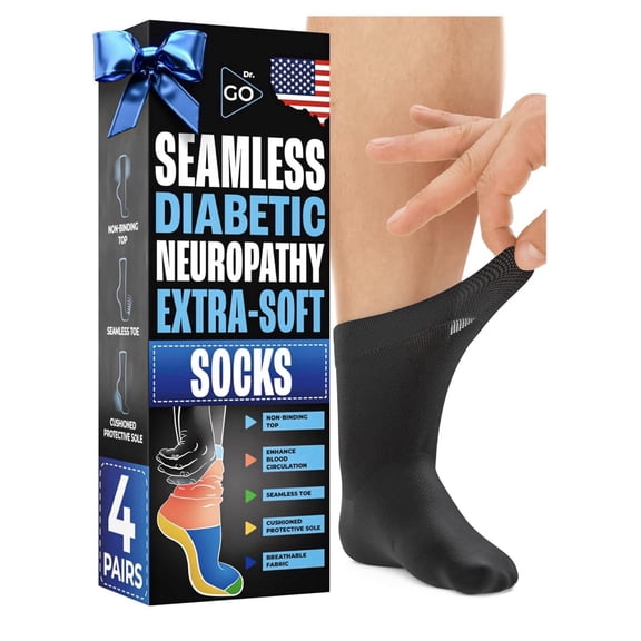 Dr. Go Neuropathy Diabetic Socks Black Crew Size Extra Soft Seamless Non Binding, 4 Pairs