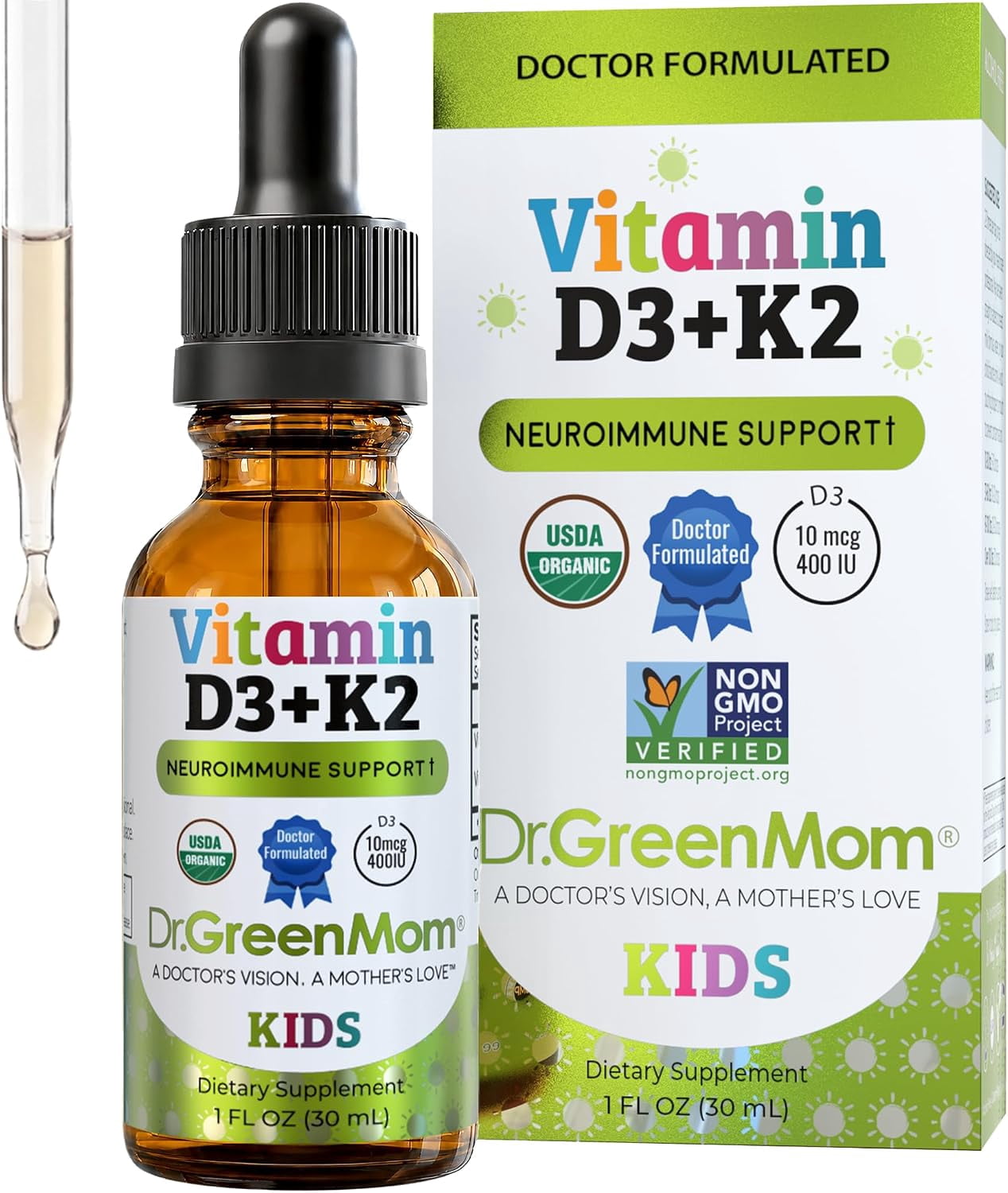 Dr. Green Mom Liquid Vitamin D3 K2 Drops  Babies & Kids  Organic, 400 IU