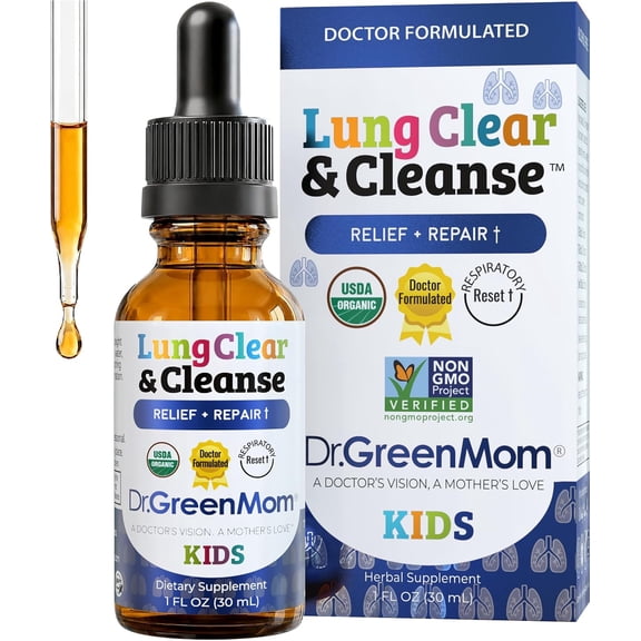 Dr. Green Mom Lung Clear & Cleanse Unisex Kids Lung Health Drops, Mullein, Astragalus & Marshmallow Root, Alcohol-Free, 1 fl oz