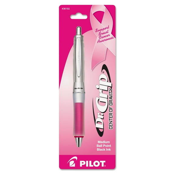 Dr. Grip Center Of Gravity Breast Cancer Awareness Ballpoint Pen 1mm Black Ink Silver/Pink Barrel | Bundle of 5 Each